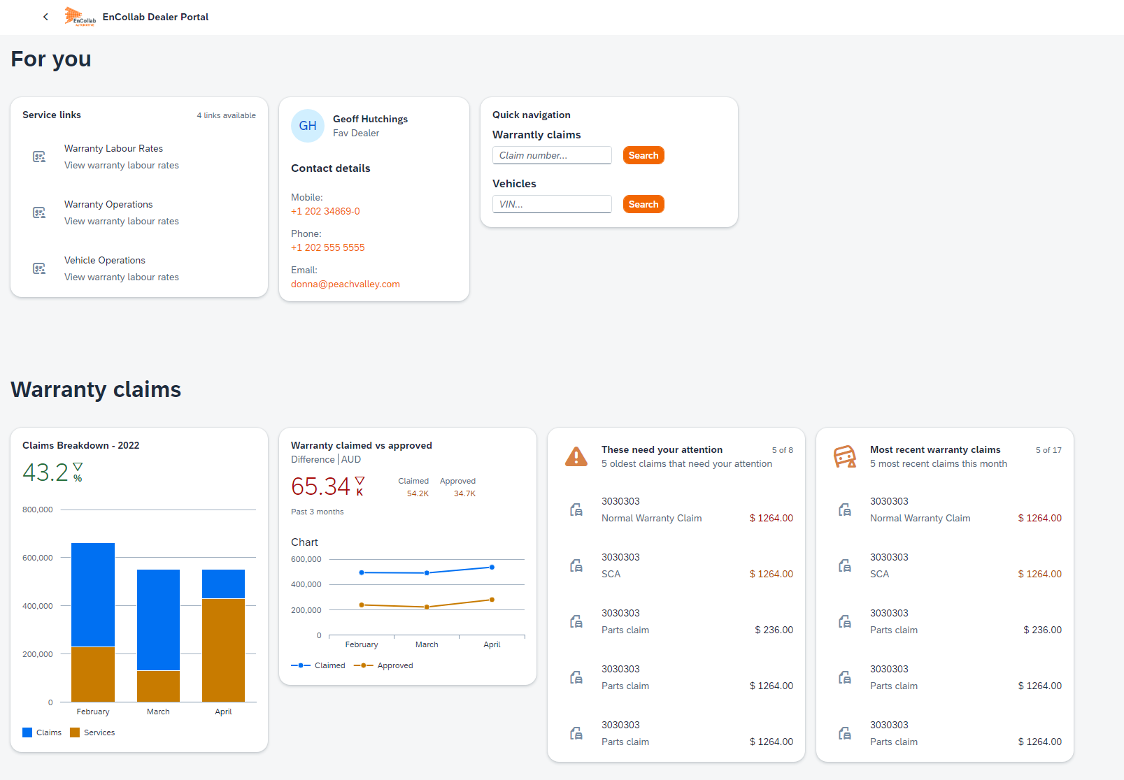 Screenshot of the EnCollab Dealer Portal warranty claims dashboard